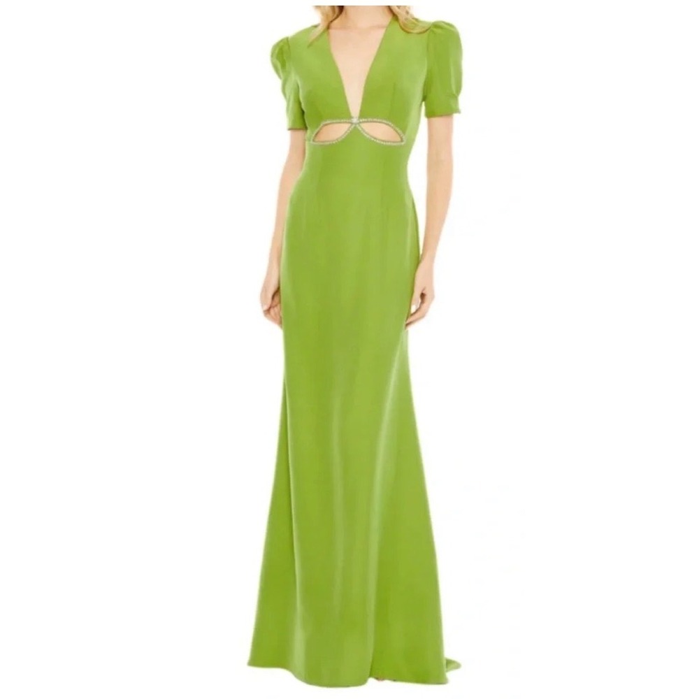 Ieena for Mac Duggal Green Satin Cutout Crystal Bow Gown 2630 APP 2